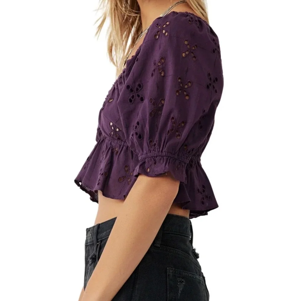 Free People Gardenia Top Purple Eyelet V-Neck Peplum Puff Sleeve Boho Large